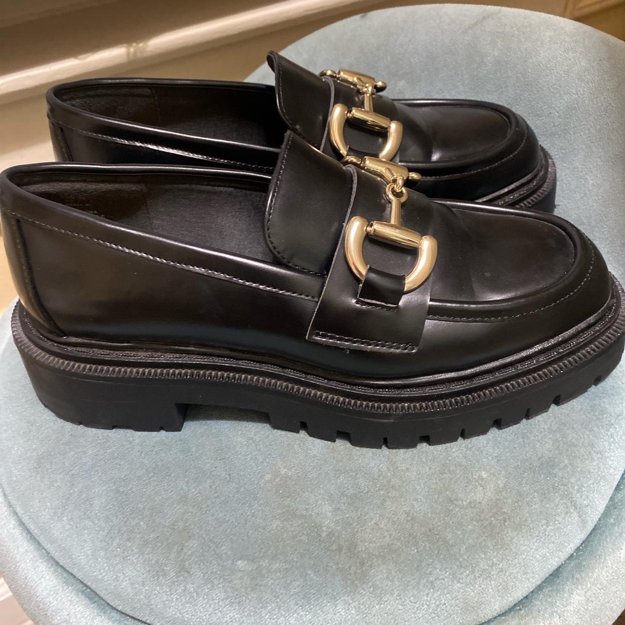 black chunky h&m loafers with gold detailing in... - Depop