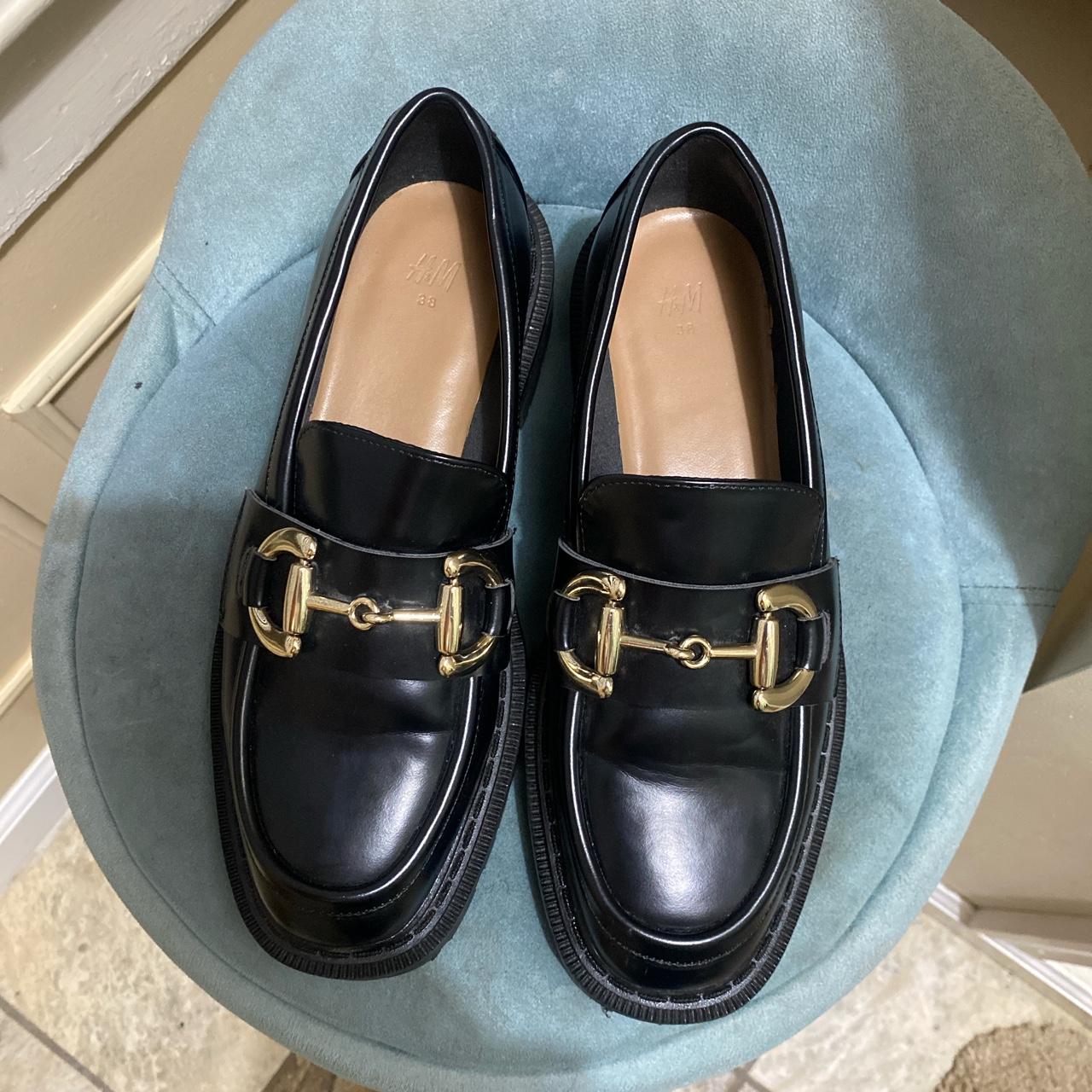 black chunky h&m loafers with gold detailing in... - Depop
