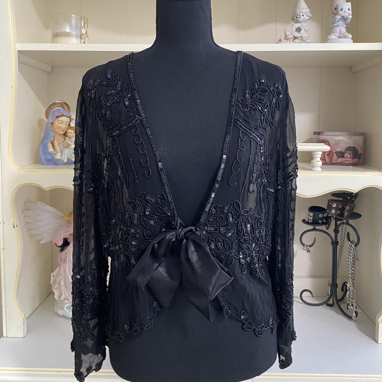 black mesh beaded cardigan shawl from paris with a... - Depop