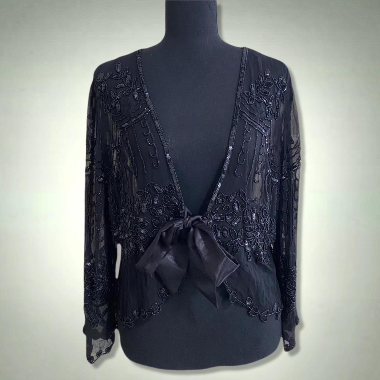 black mesh beaded cardigan shawl from paris with a... - Depop