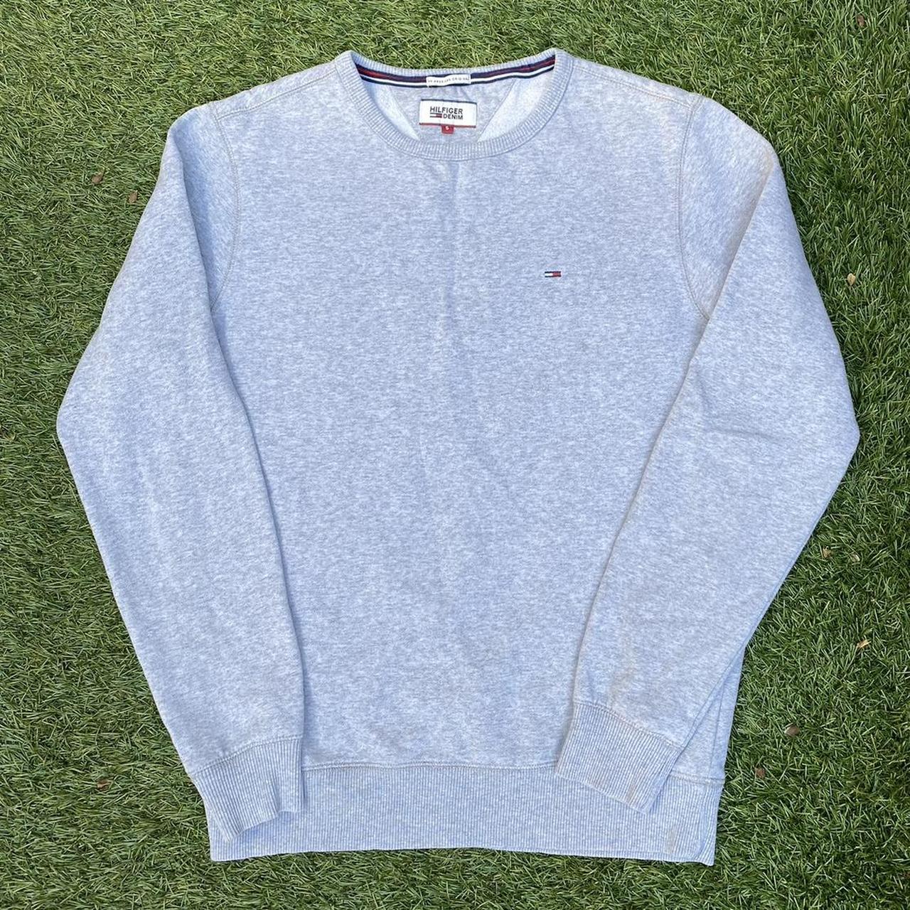 Grey Tommy Hilfiger Logo Sweatshirt •Size is a... - Depop