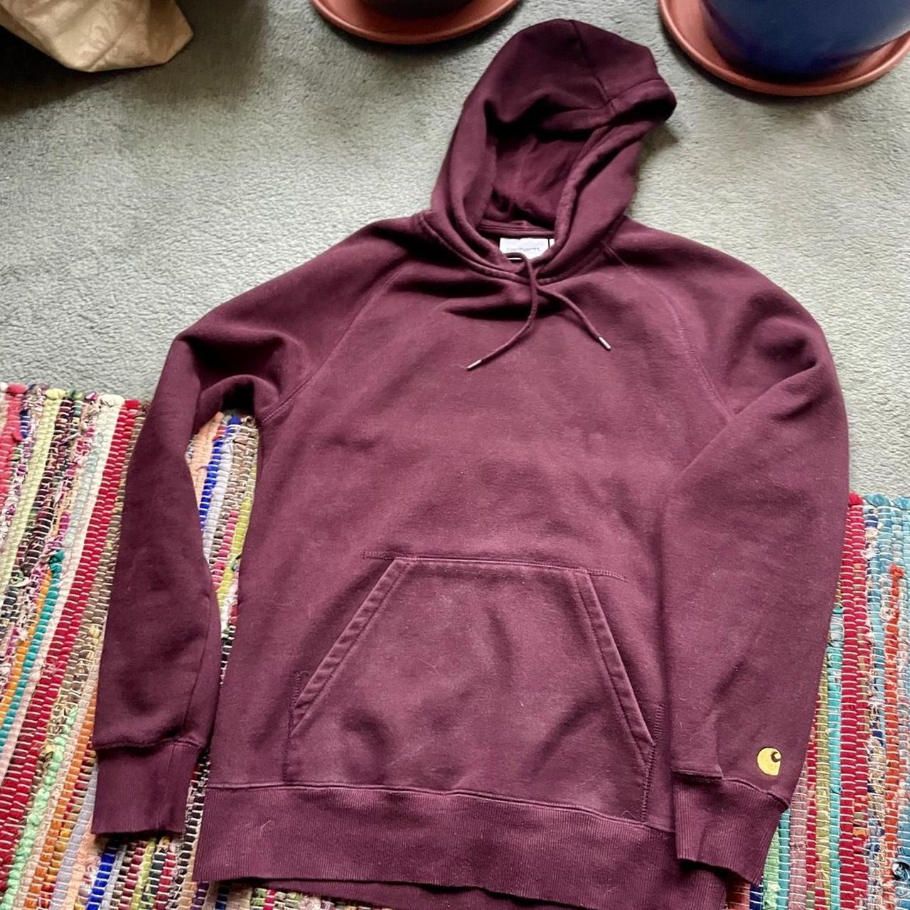 Carhartt Men's Burgundy and Gold Hoodie | Depop