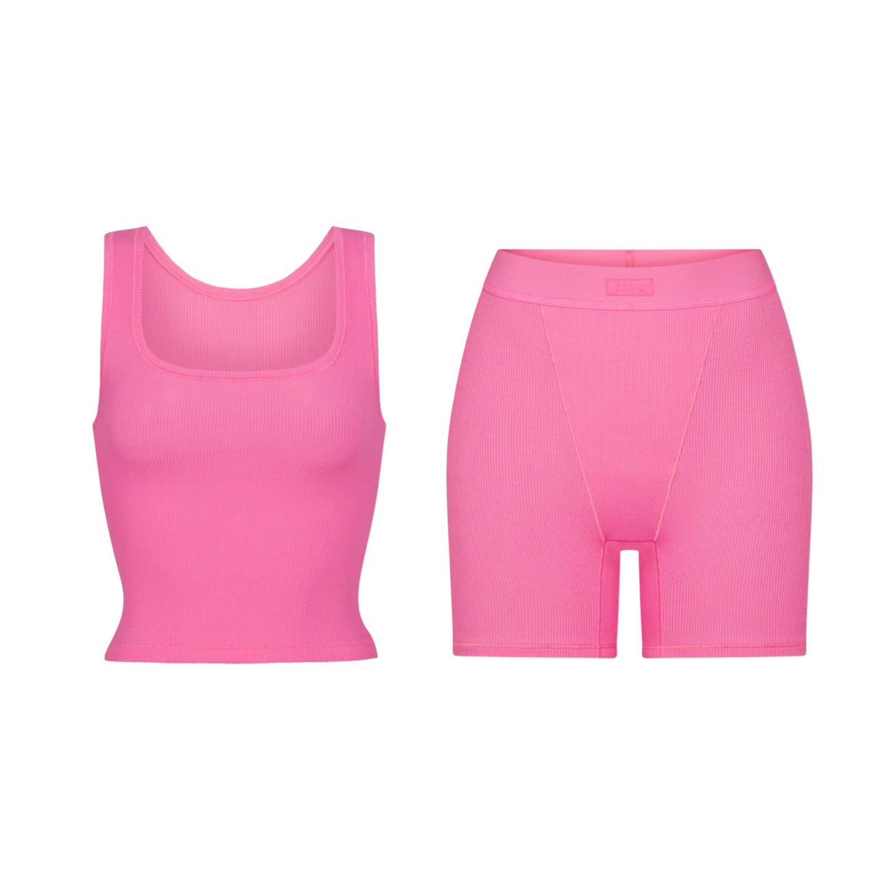 SKIMS Cotton Jersey T-Shirt in Pink & Cotton Rib Boxer Set in Sugar Pink,  SMALL