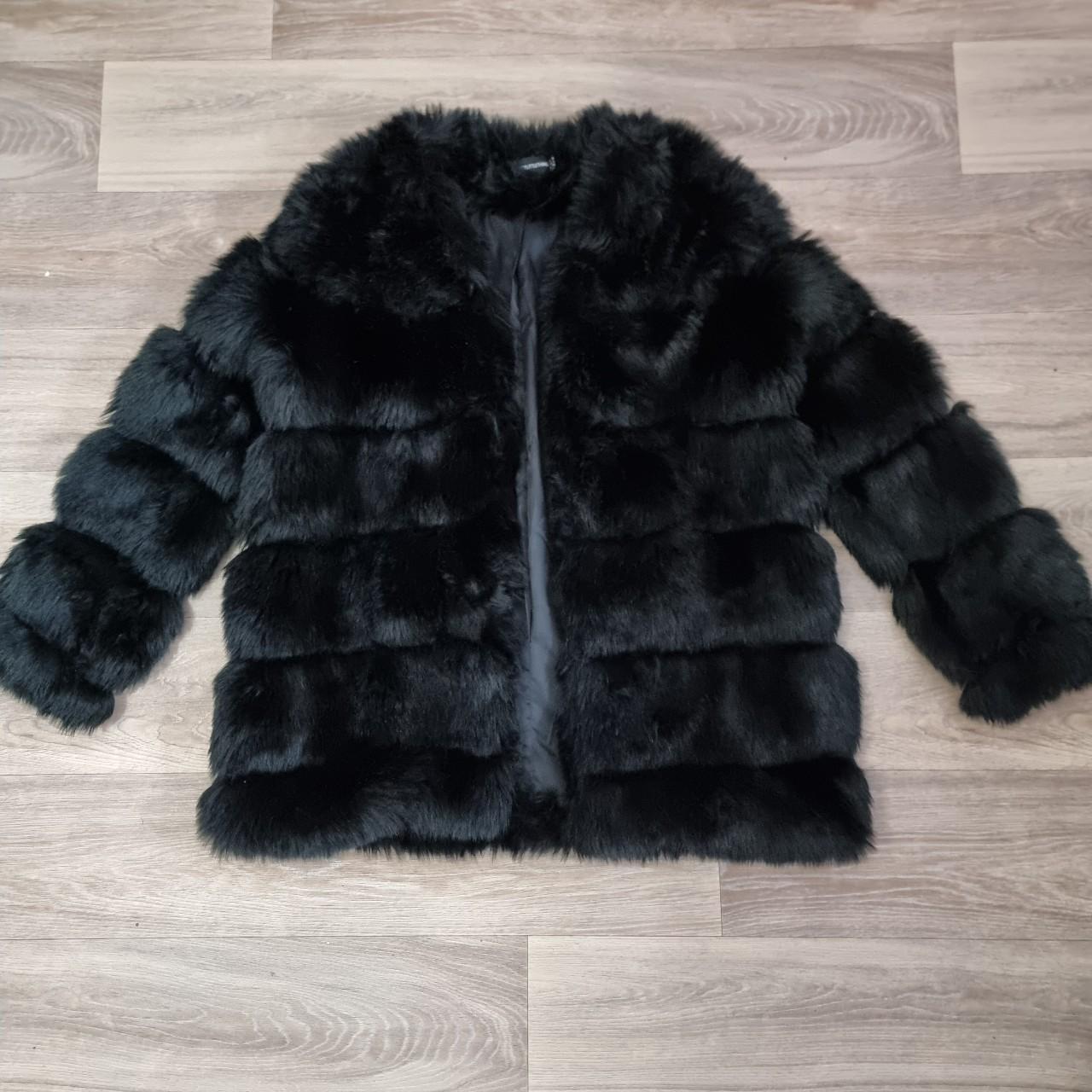 Ladies Faux Fur Coat Colour: Black Size: 8 - Depop