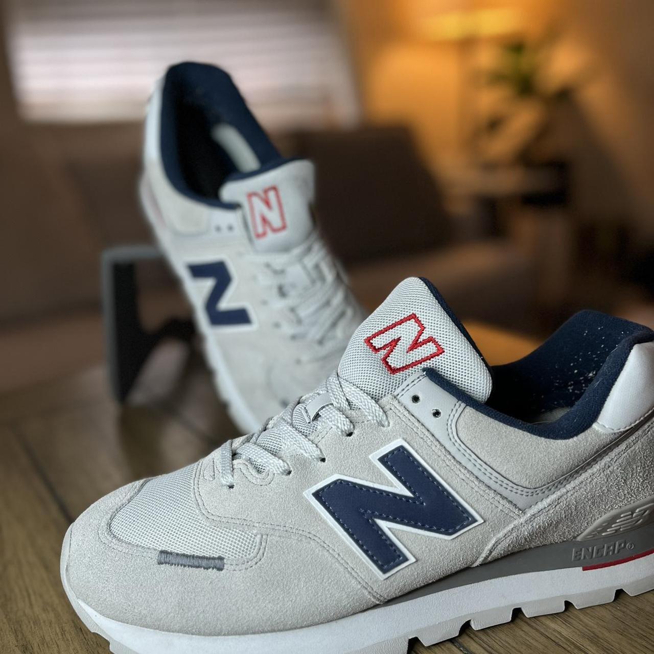 New Balance Men's Grey and Navy Trainers | Depop