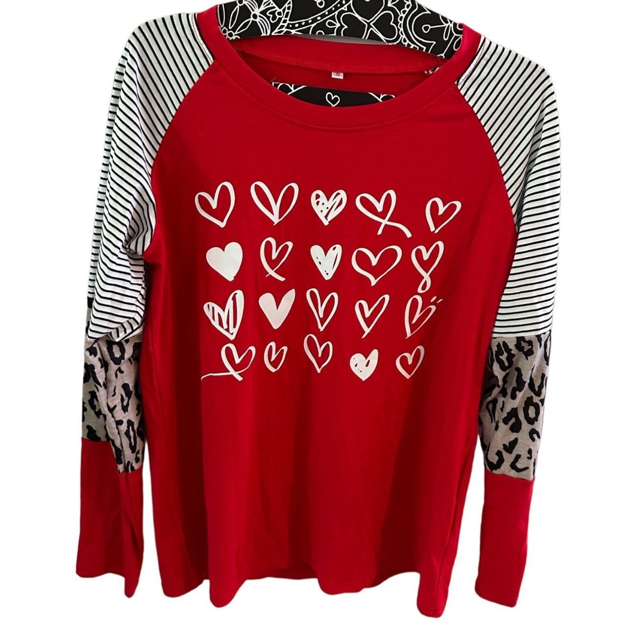 long sleeve red top with white hearts, sleeves are... - Depop