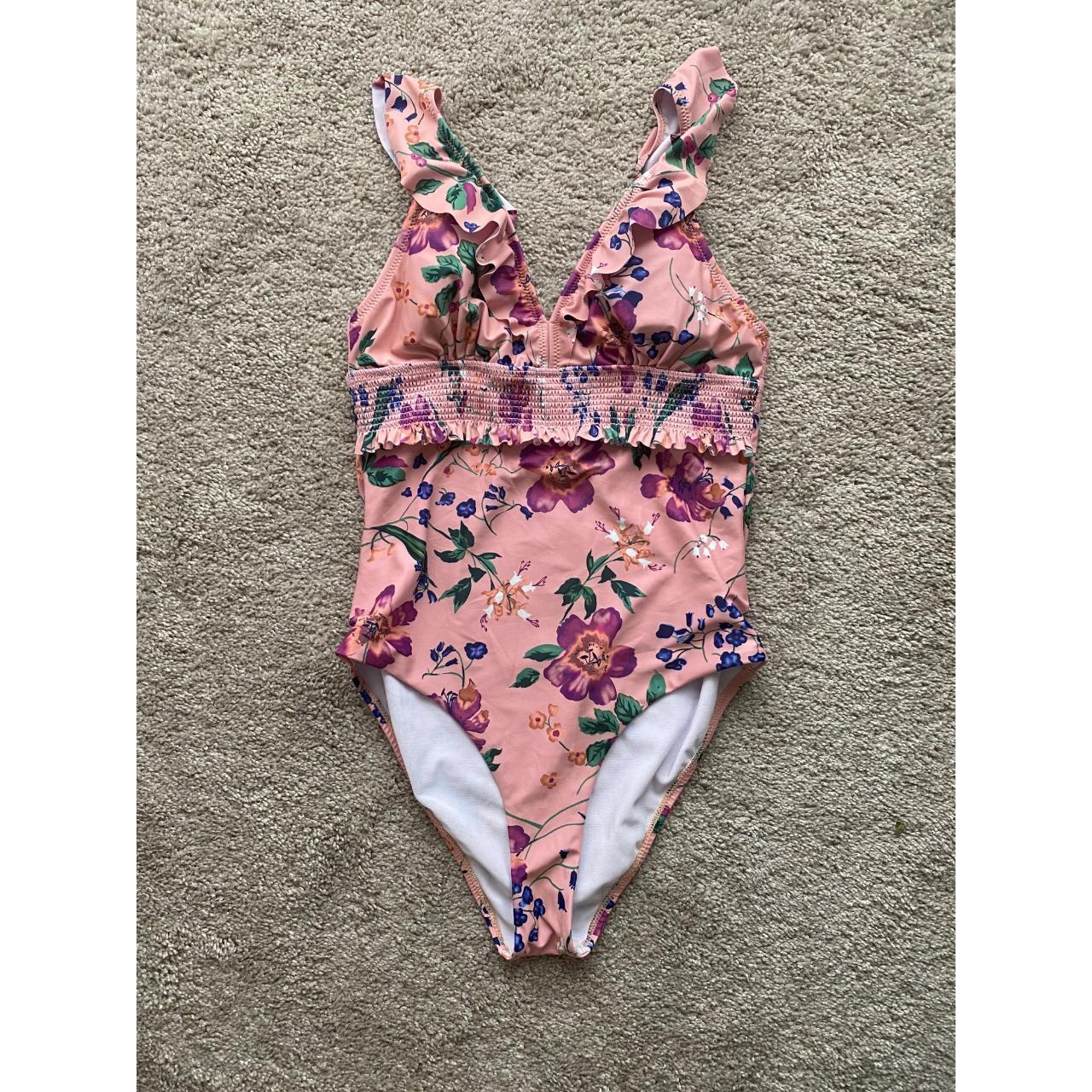 Pink Floral Ruffle One Piece Bathing Suit Womens... - Depop