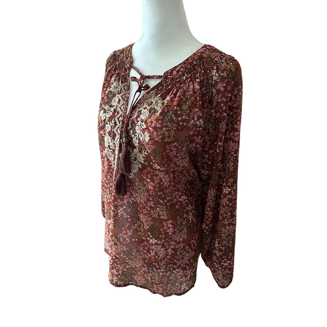 Mason and Belle Floral Flowy Burgundy Floral Blouse... - Depop