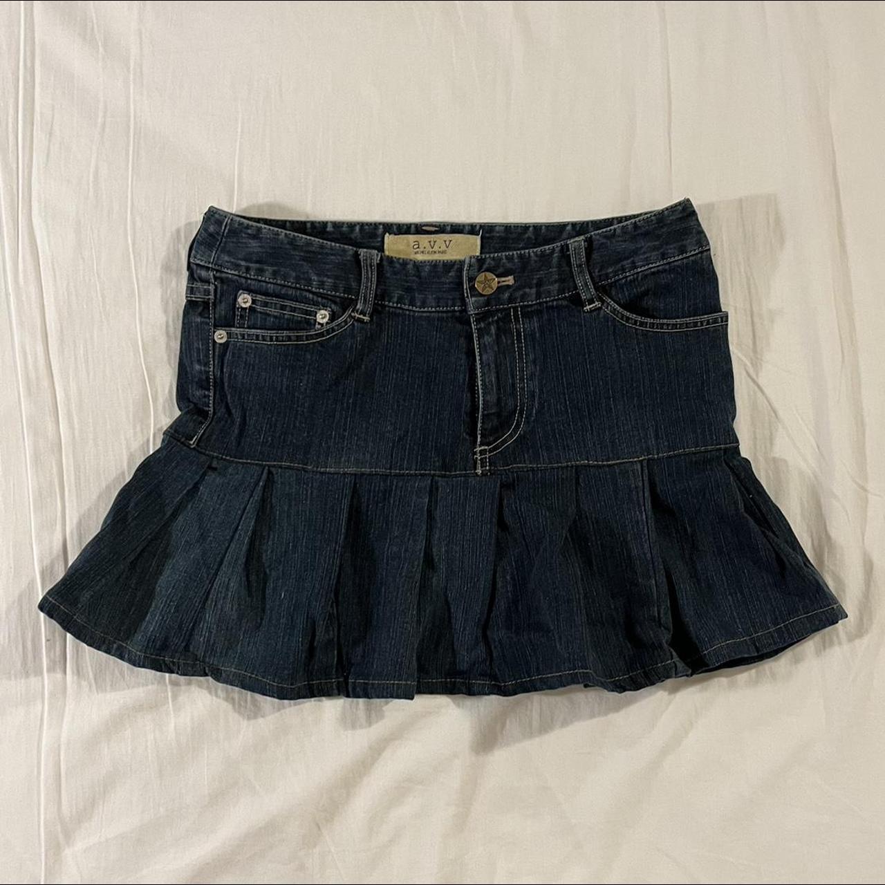 pleated denim mini skirt y2k style mini skirt with... - Depop