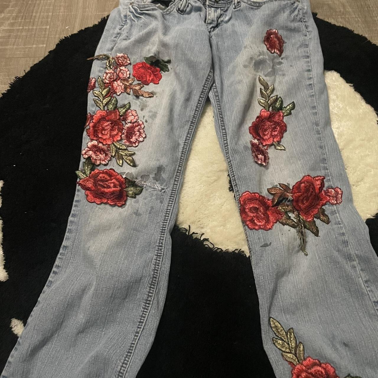 wall flower jeans with roses light blue jeans size... - Depop