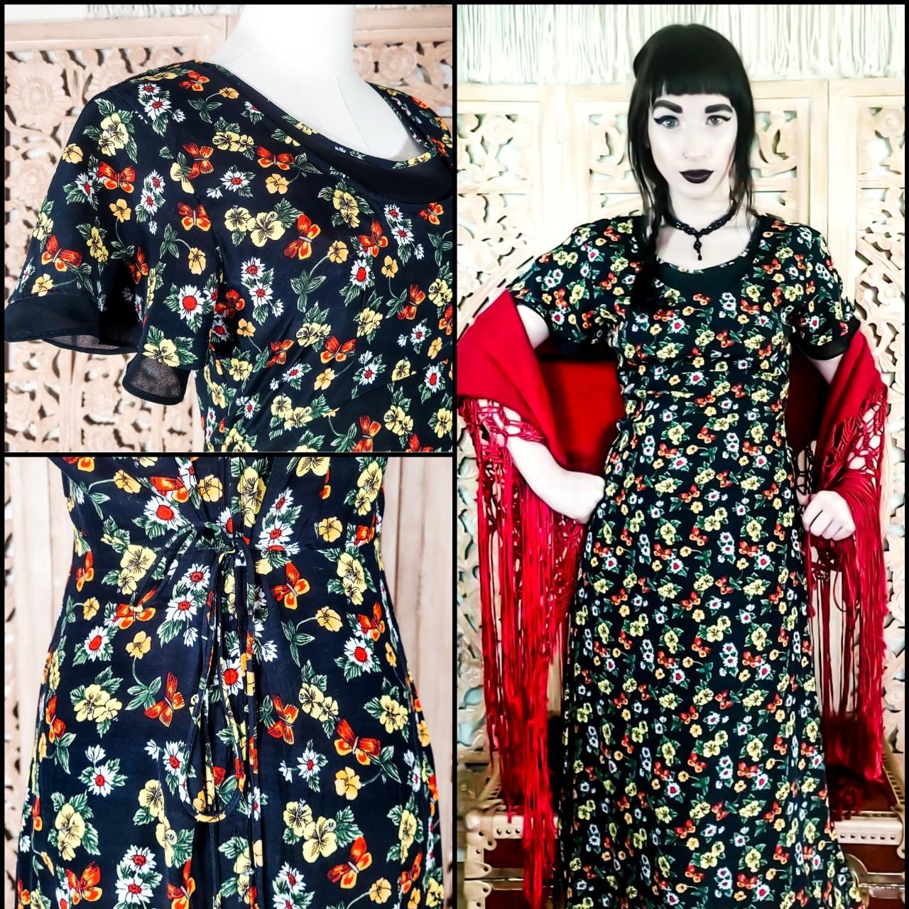 Vintage 1990s Dark Floral Flutter Sleeve Maxi Dress