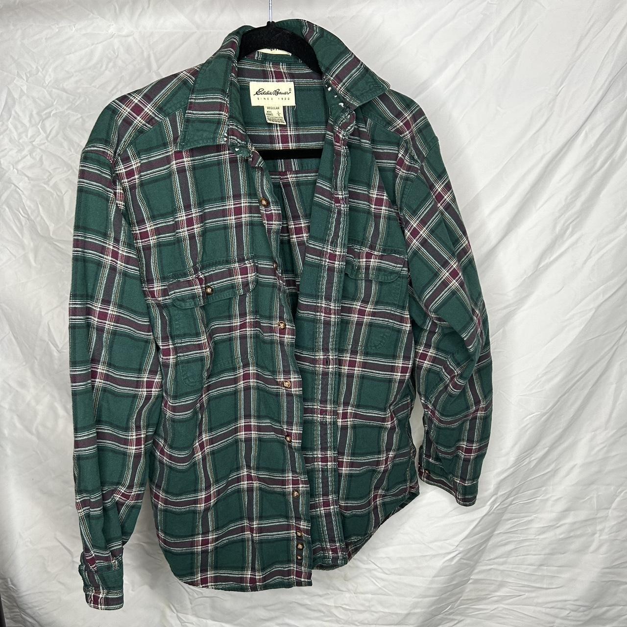 Eddie Bauer Men's Green and Burgundy Shirt | Depop