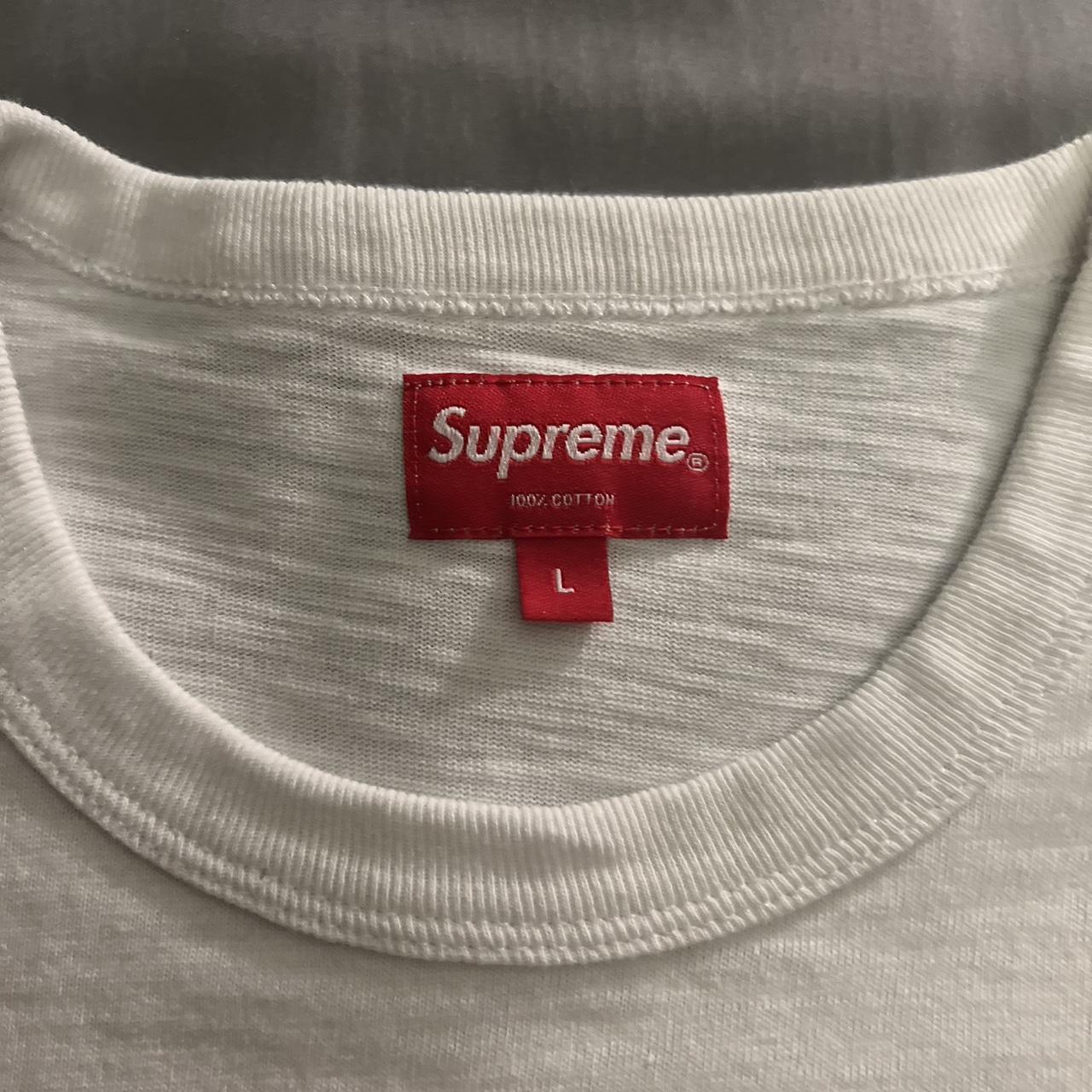 supreme large White and red flannel logo tee... - Depop