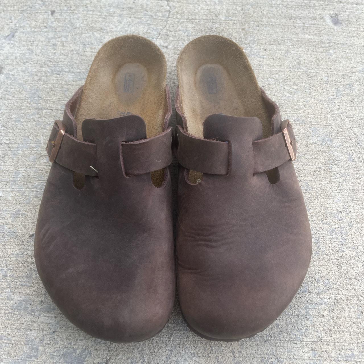 brown satin birkenstock bostons / clogs / size 42 /... - Depop