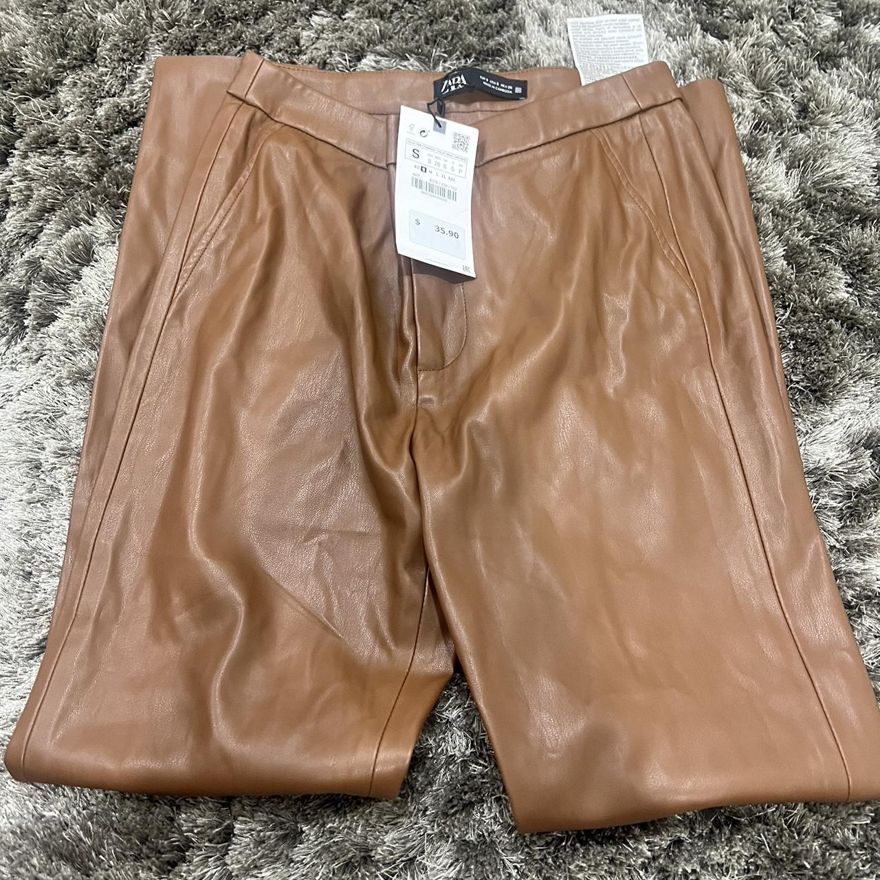 Faux brown leather pants good for work Zara small - Depop