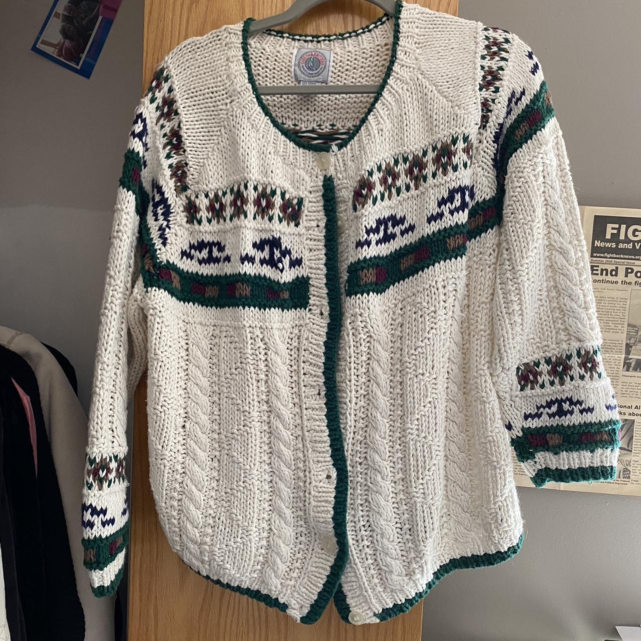 Women's White and Green Jumper | Depop