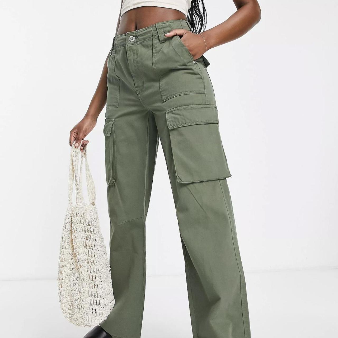 ASOS Bershka straight leg cargo pants in dark khaki,... Depop