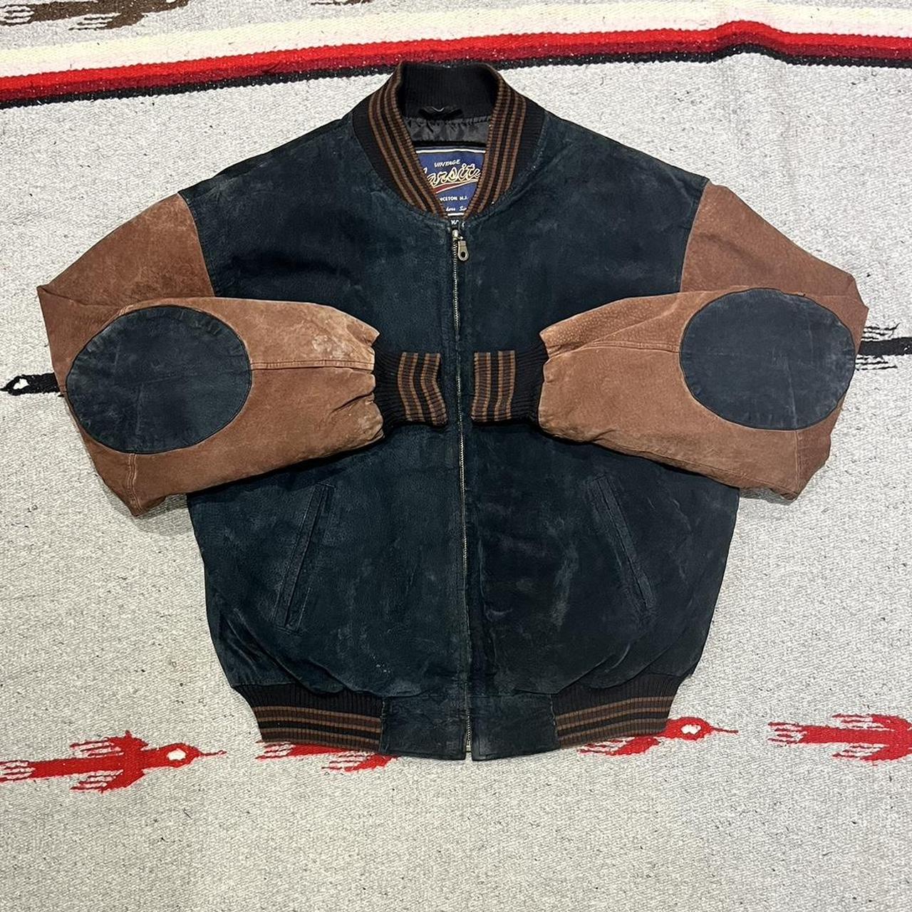 90's black and brown leather suede varsity... - Depop