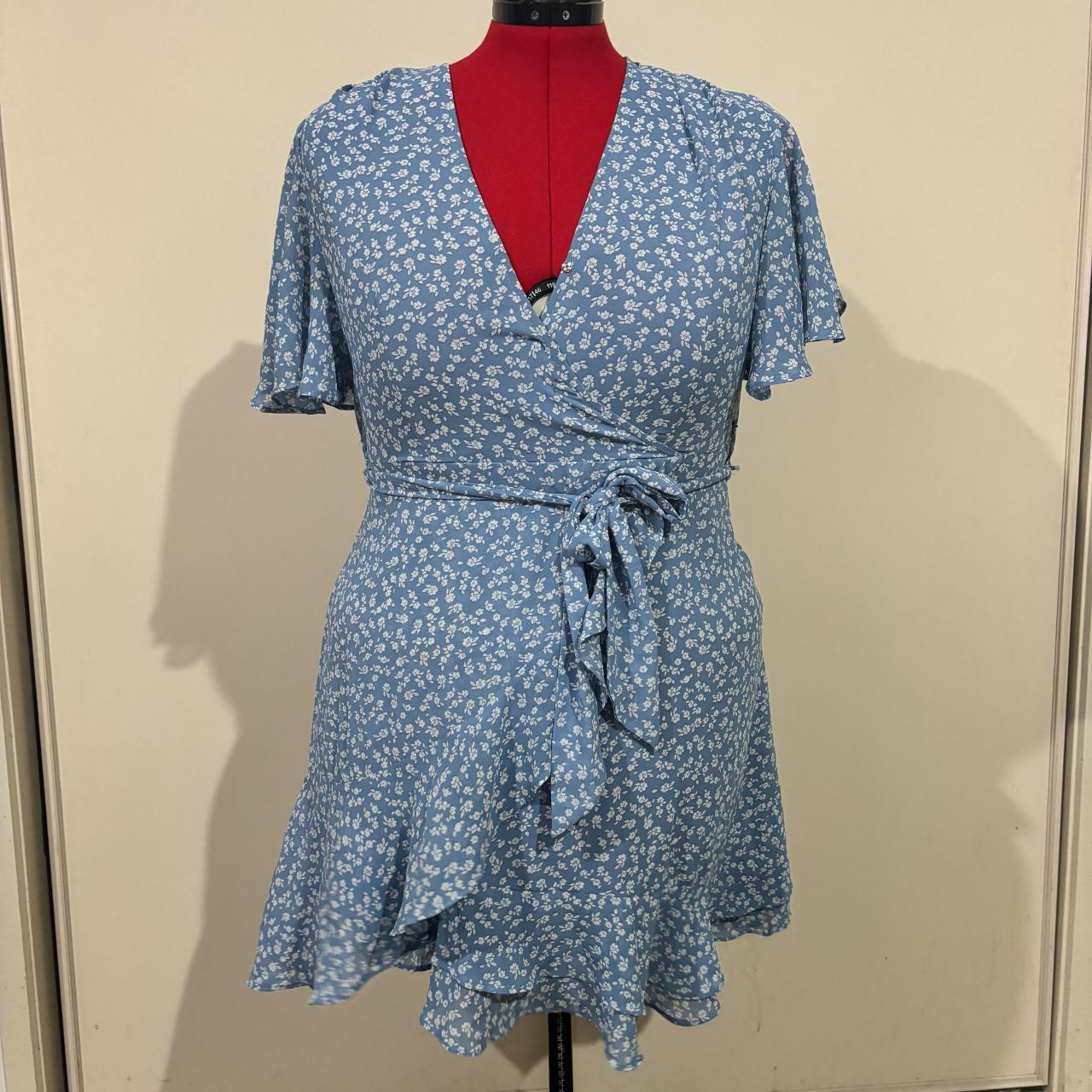 Caroline Morgan white and blue faked wrap dress with. Depop