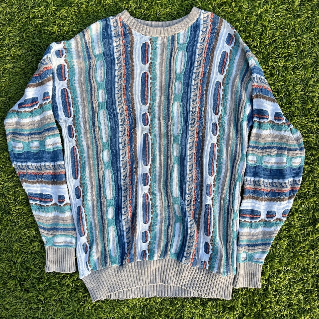 Coogi Men's White and Blue Jumper | Depop