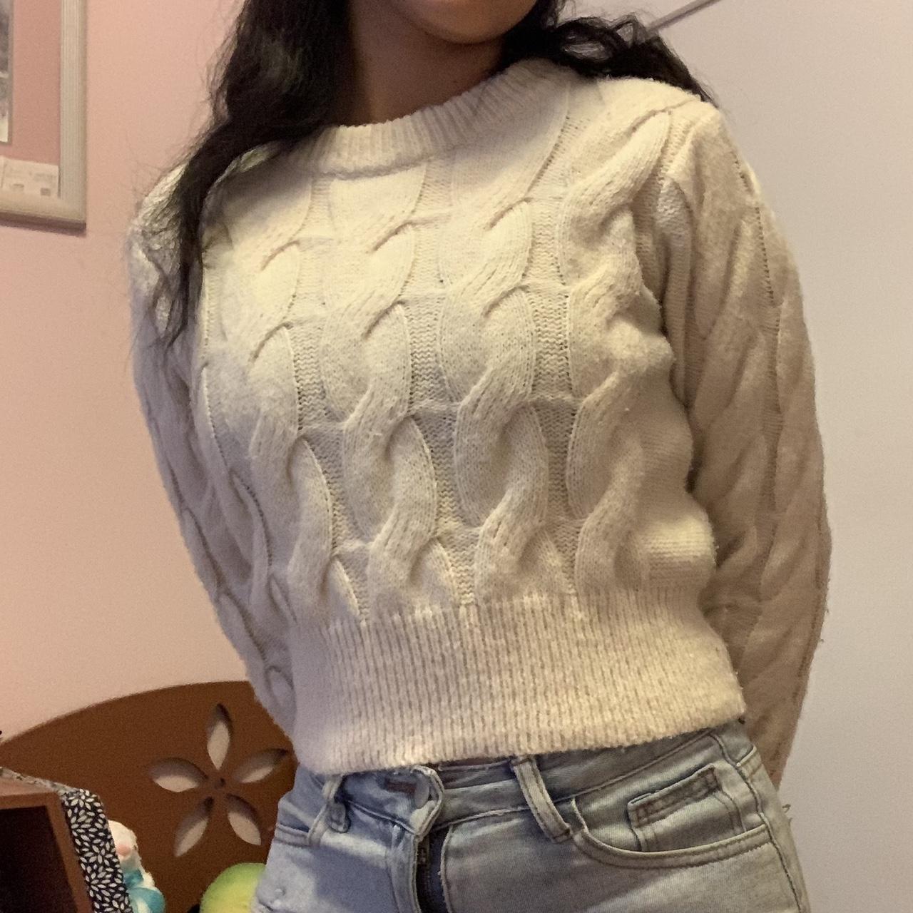 Cropped cream color sweater with knitted pattern... Depop