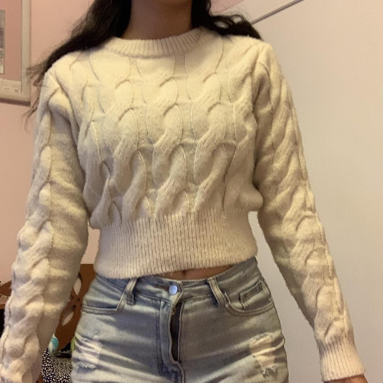 Cropped cream color sweater with knitted pattern... Depop
