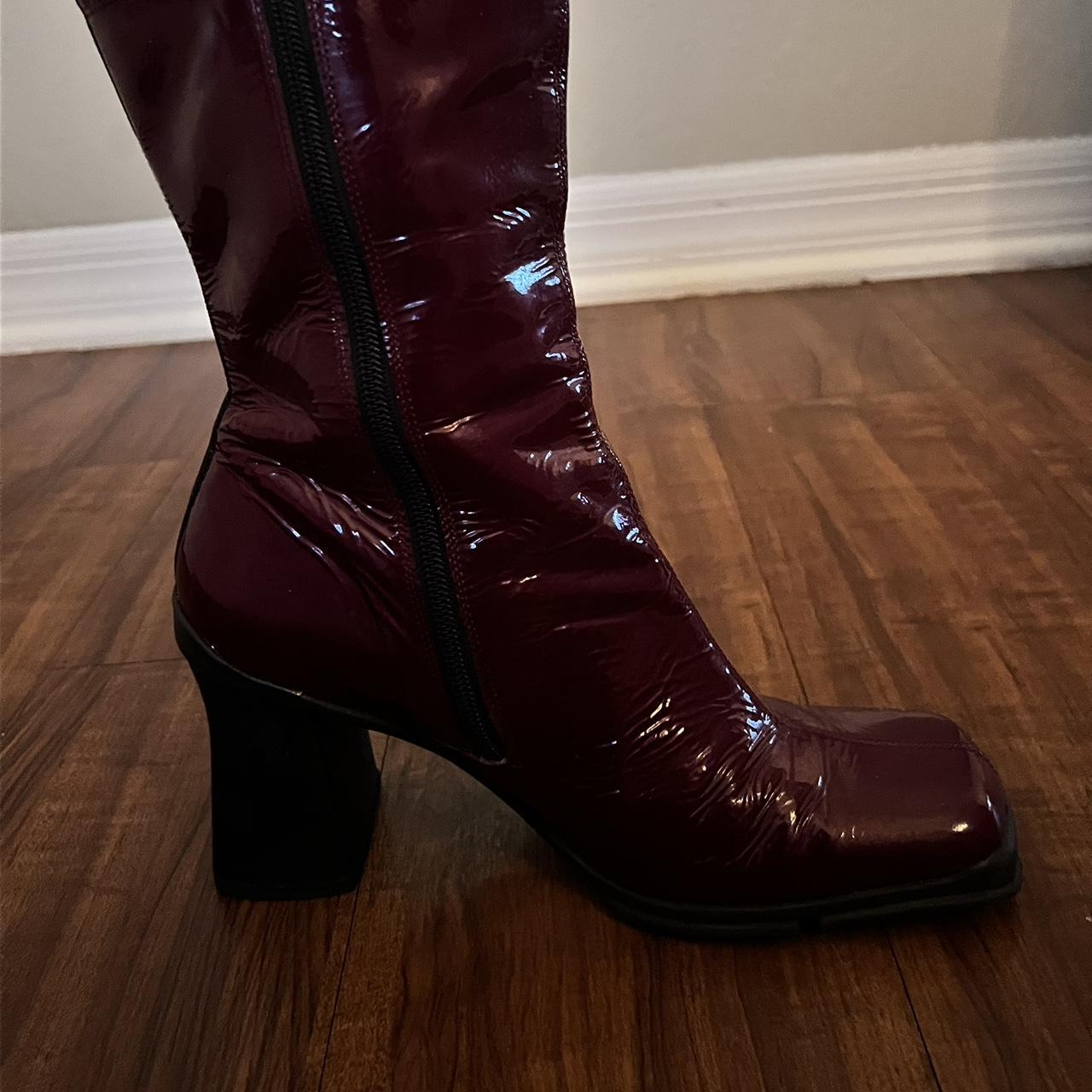 glossy cherry red square toe boots look super cute w... - Depop