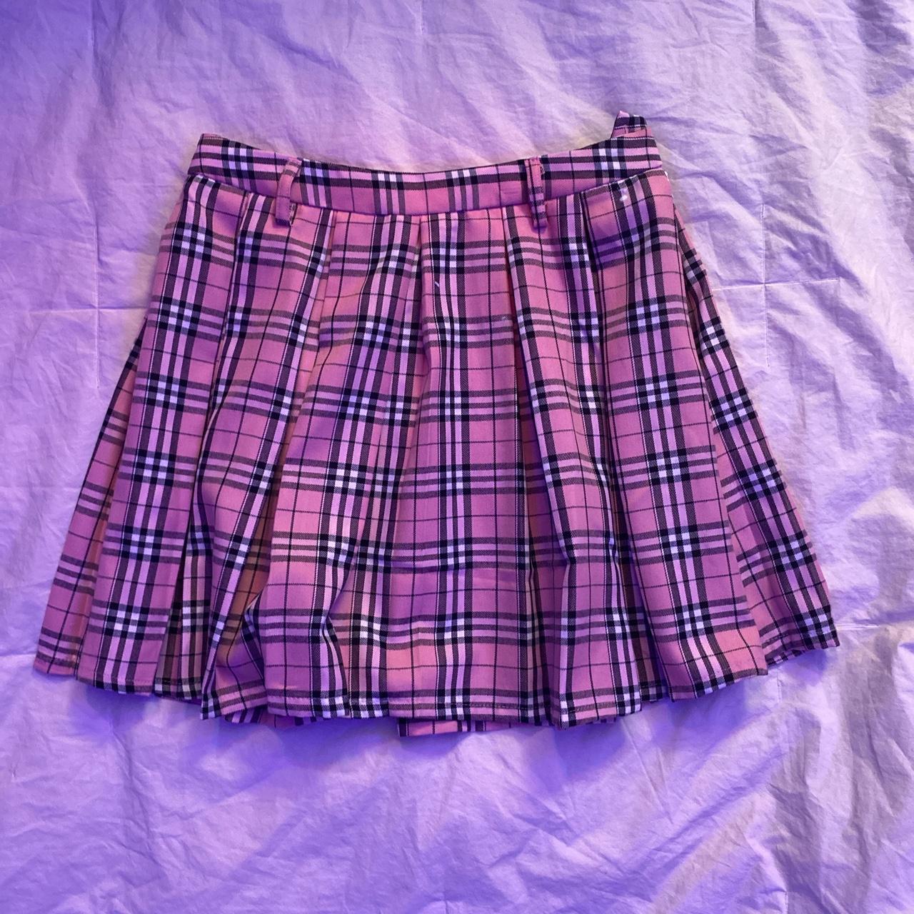 Pink and black plaid hot topic skirt size small -... - Depop