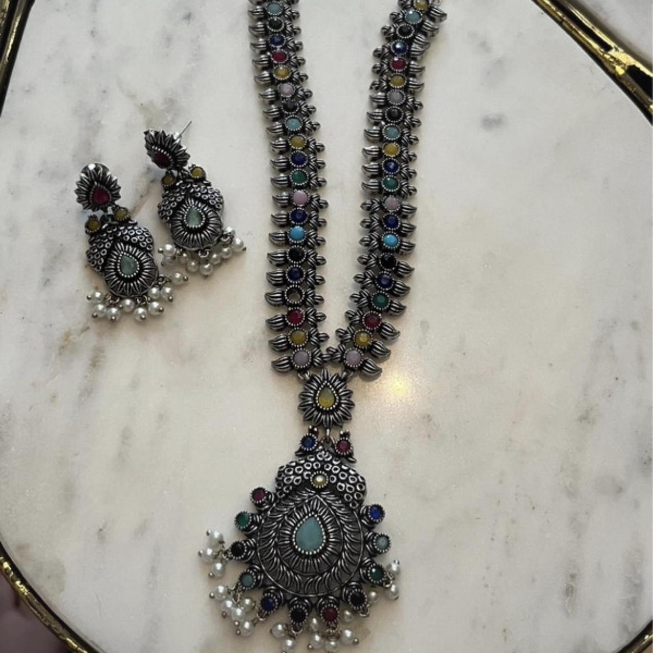 Silver and stones indian costume jewellery Necklace... Depop