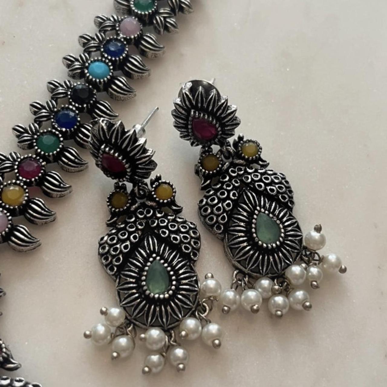 Silver and stones indian costume jewellery Necklace... Depop