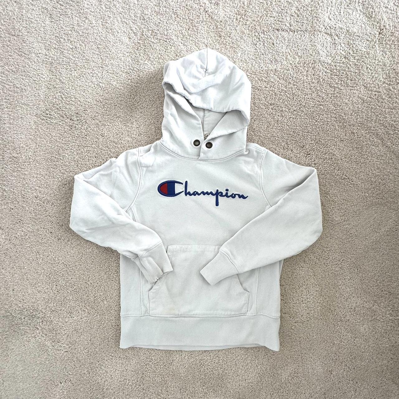 Vintage Champion white hoodie. Sides are ribbed for. Depop