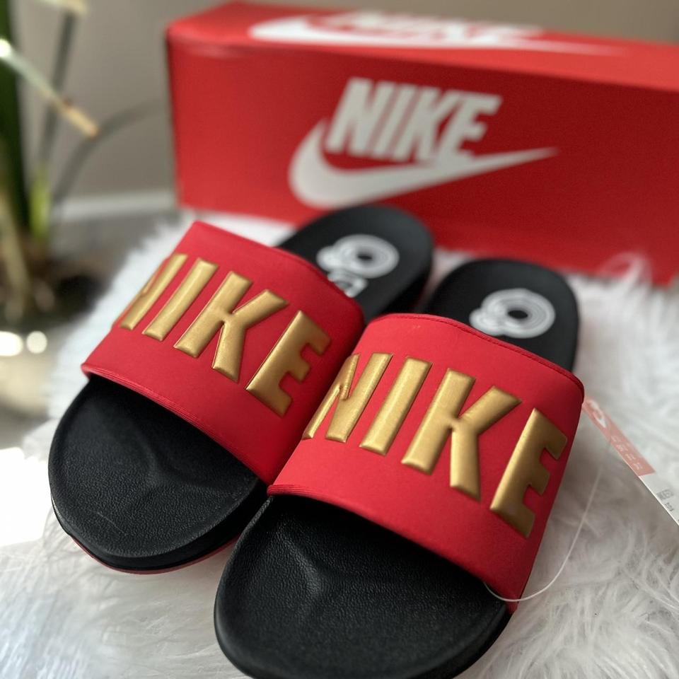 Red nike slides sales with gold swoosh