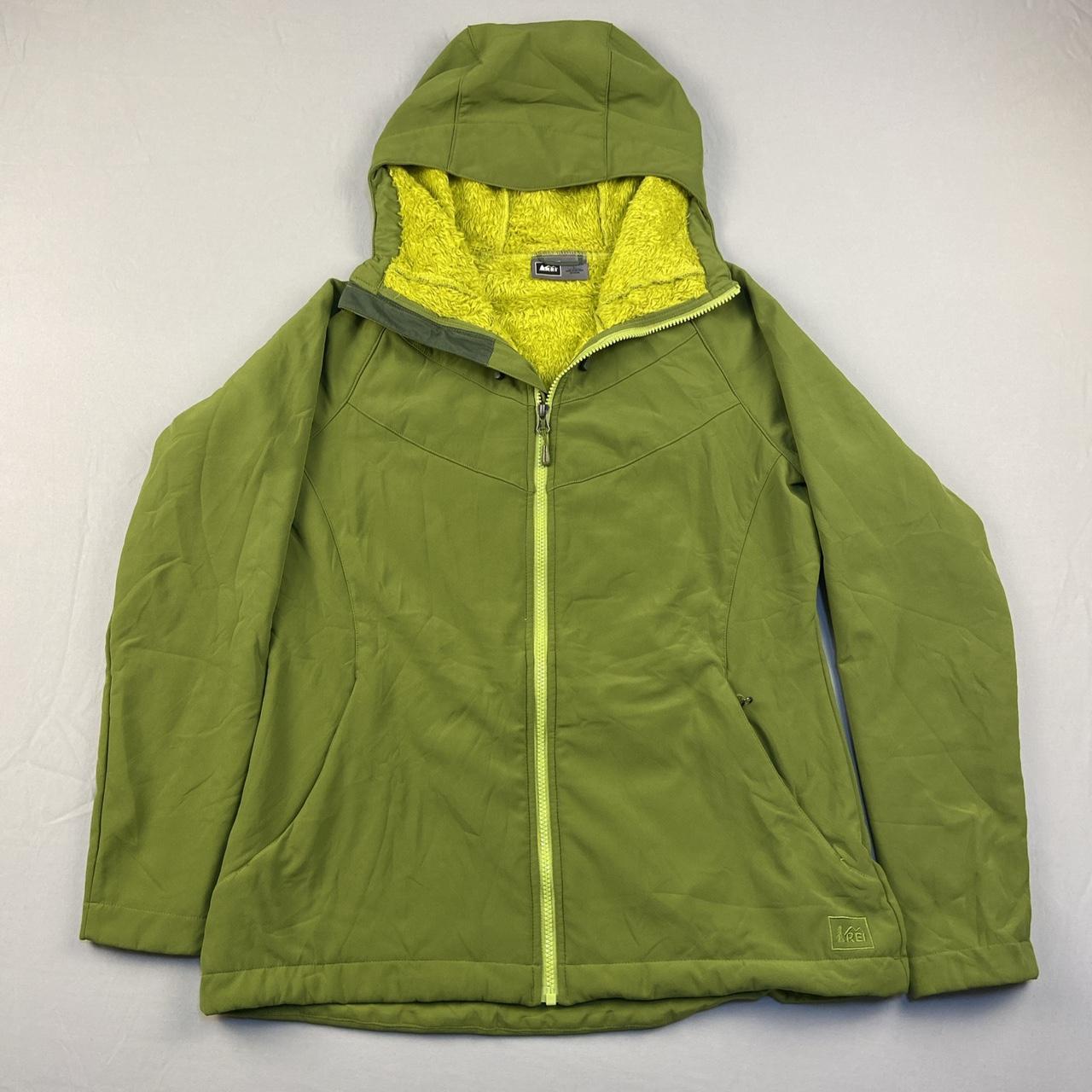 REI jacket Women’s Large Green Neon Soft Shell... - Depop