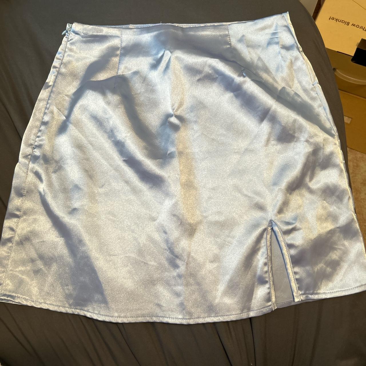 light blue silk mini skirt with slit and zipper on side - Depop