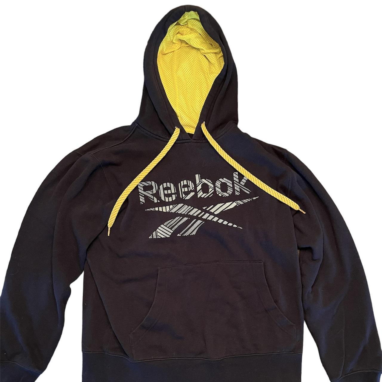 Reebok Hooded Sweatshirt This navy blue and yellow Depop