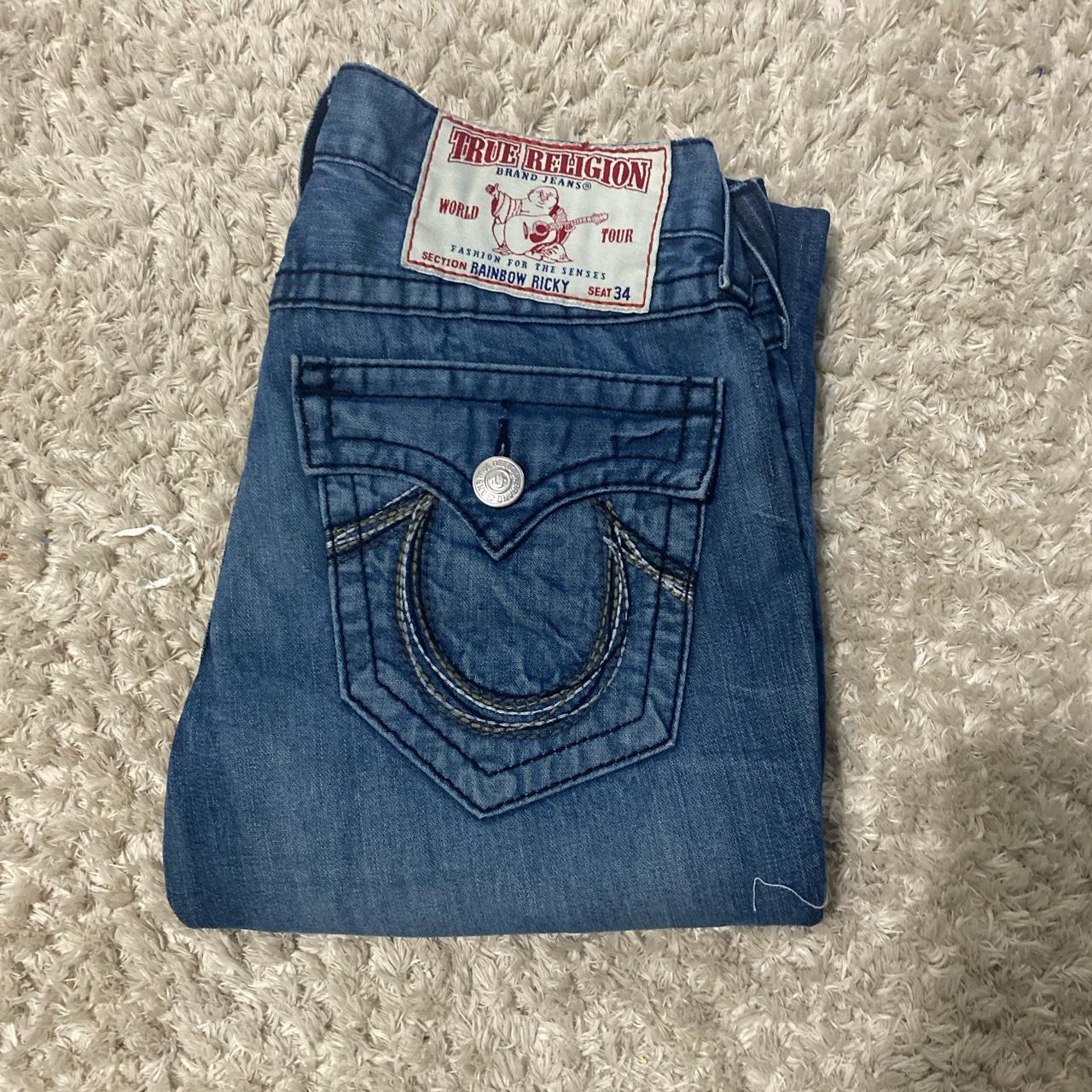 True Religion Men's Blue and Silver Jeans | Depop