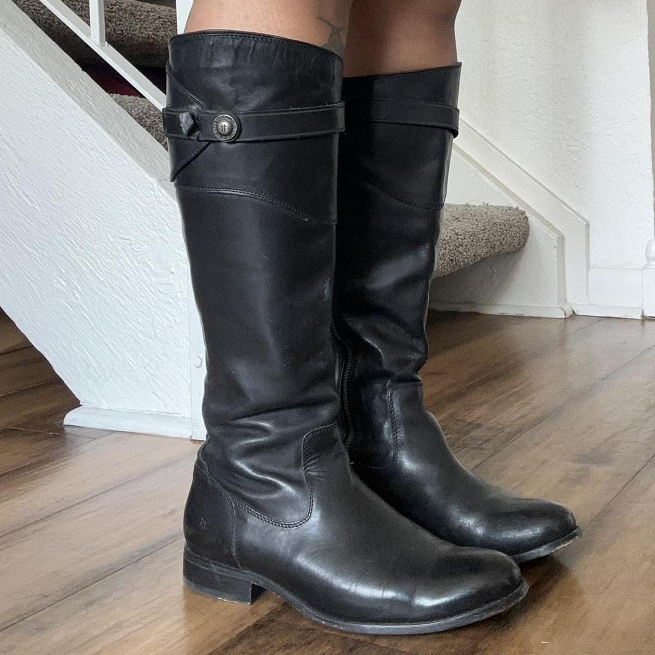 Frye black leather riding calf boots, light wear and... - Depop