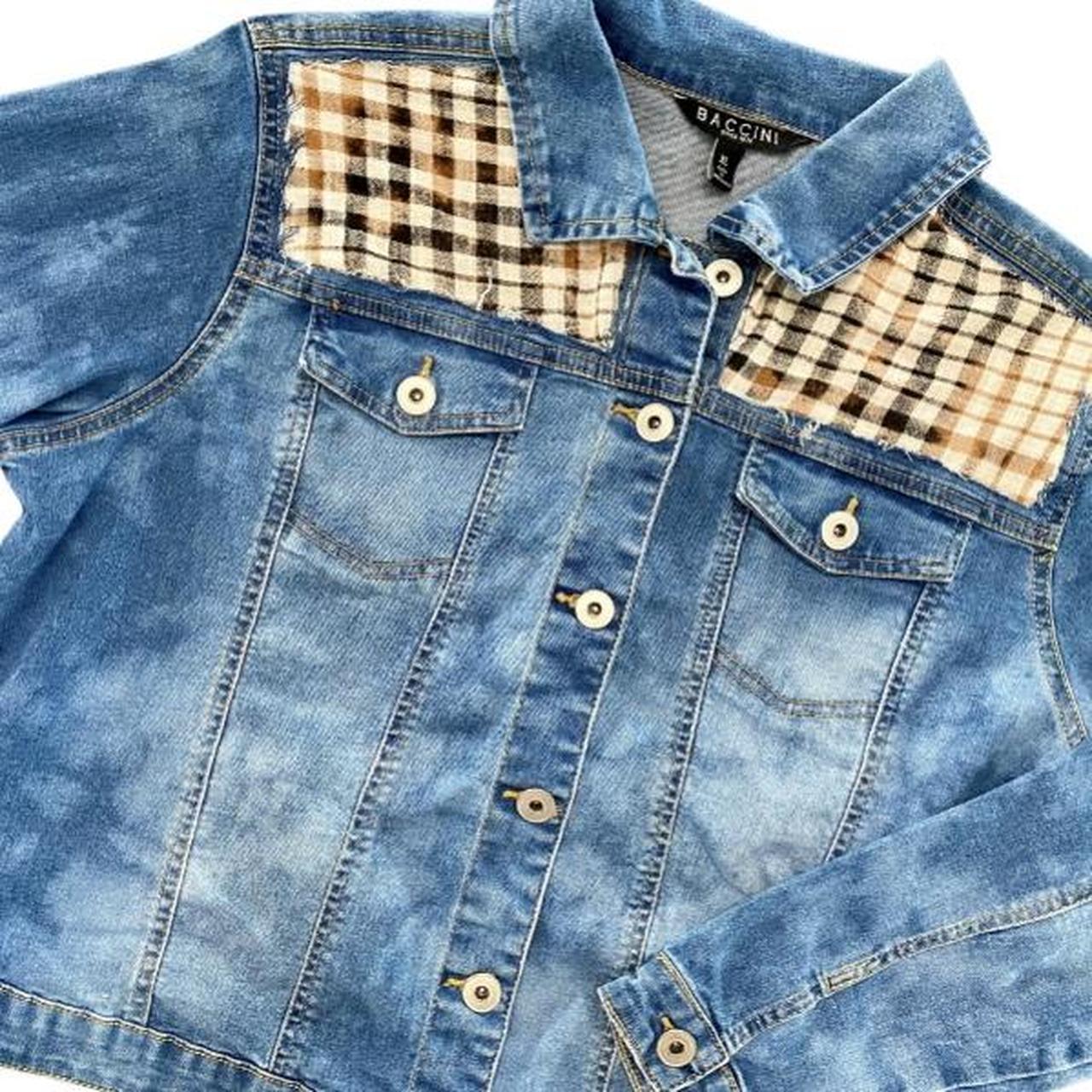 Upcycled denim jacket with black flannel. hot