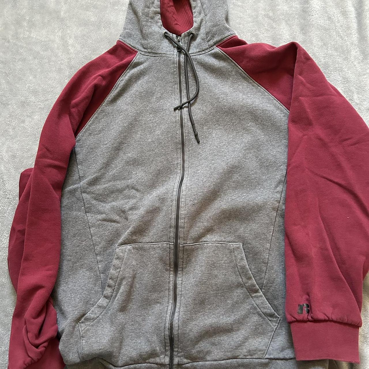 Grey and Red Russel Zip up Hoodie Size-XL - Depop