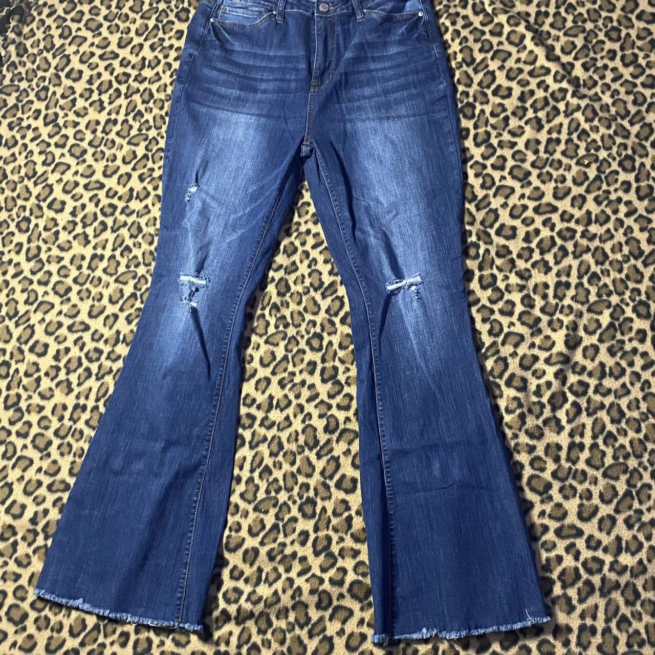 Flare jeans with rips size 17/33 Worn once so in... - Depop