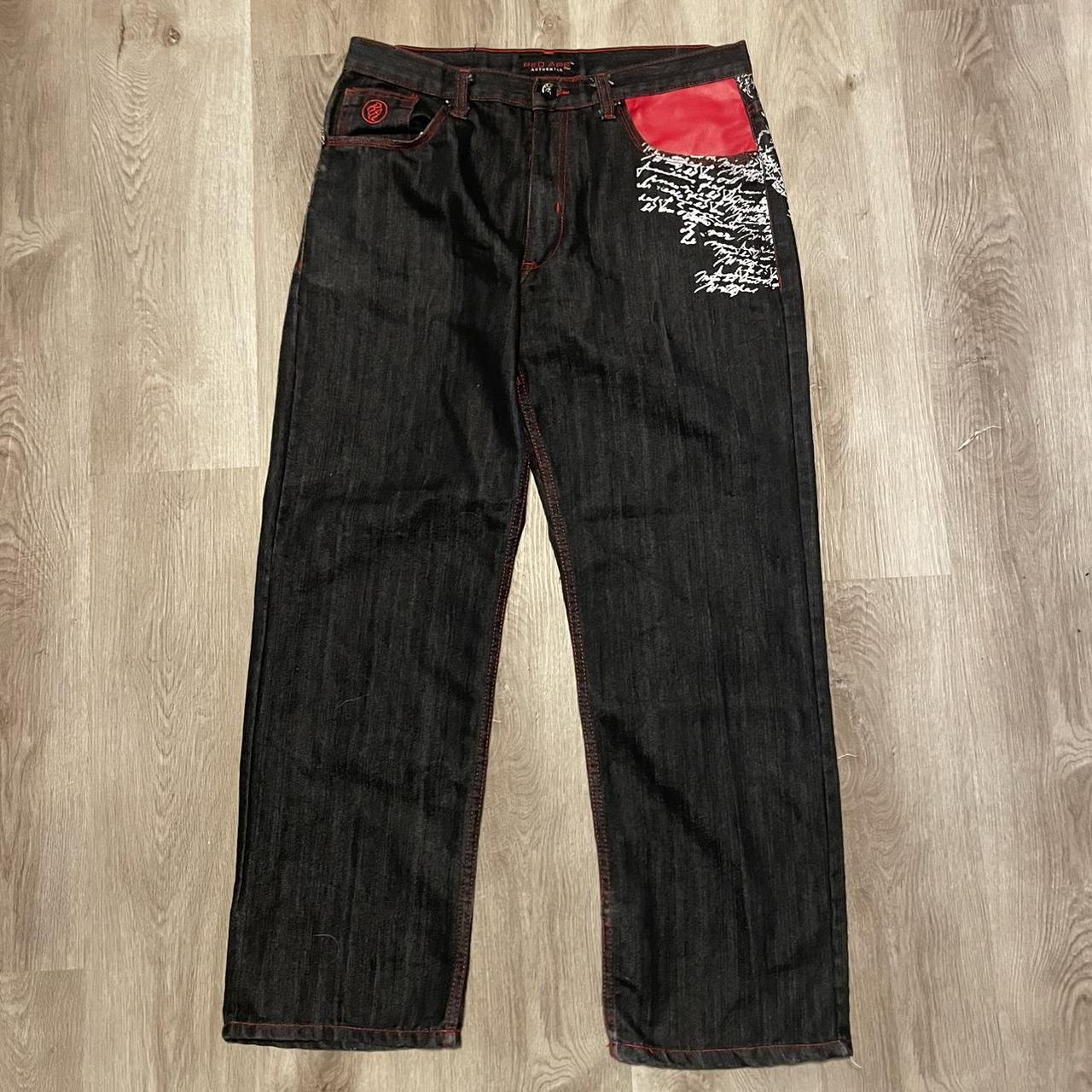 y2k embroidered baggy red ape jeans crazy screen... - Depop