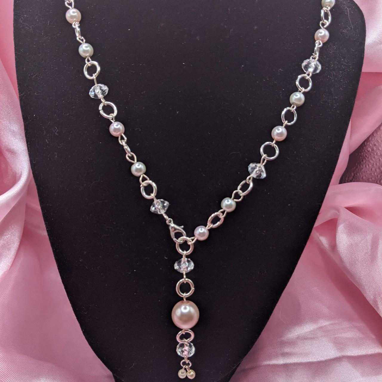 handmade, pearls, pink and white glass beads coquette crystal pendant  necklace