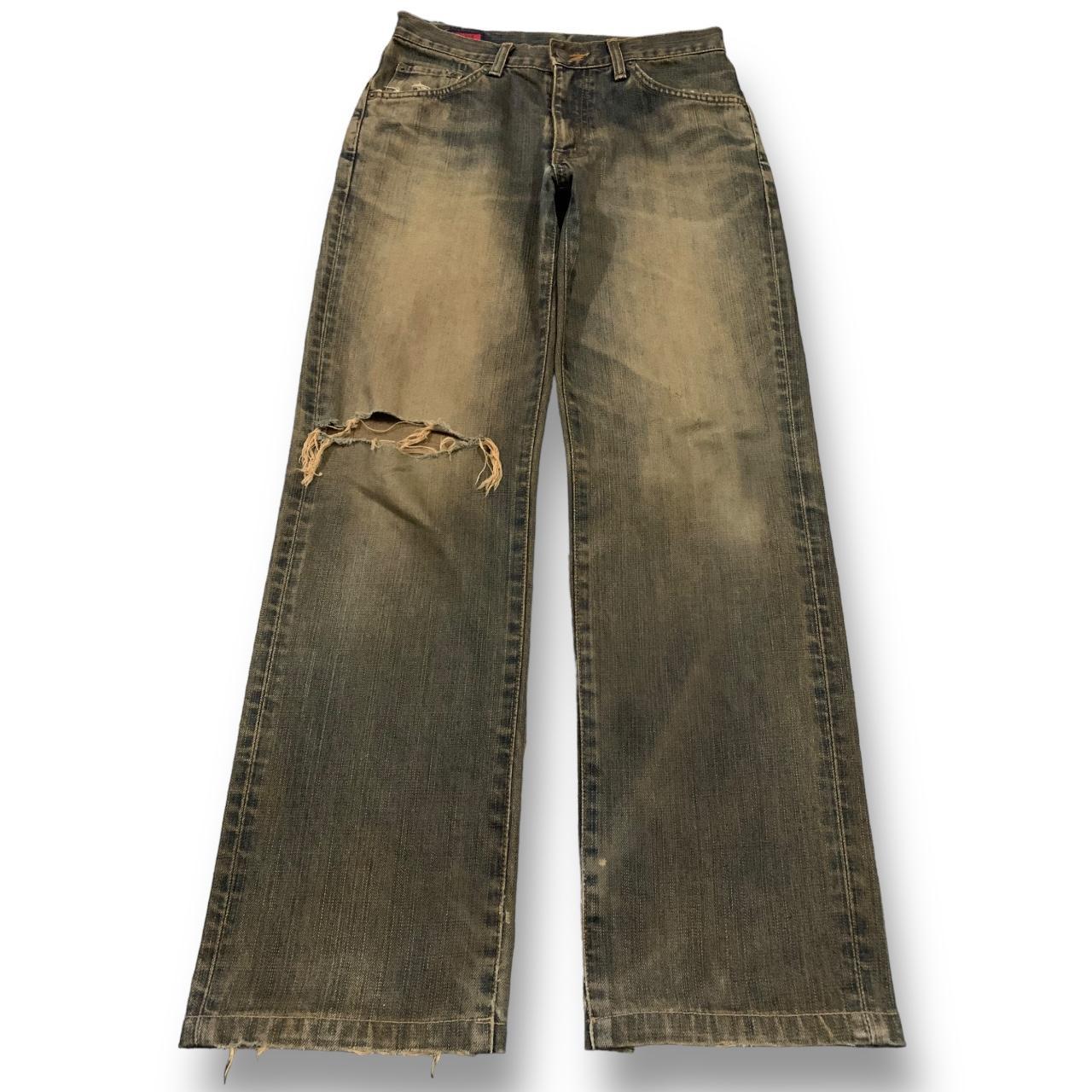 【YOURNUS】 Yello Vintage Washed Wide Denim Vintage Split Deconstructed Wide Jeans Men Yellow Mud Dyed