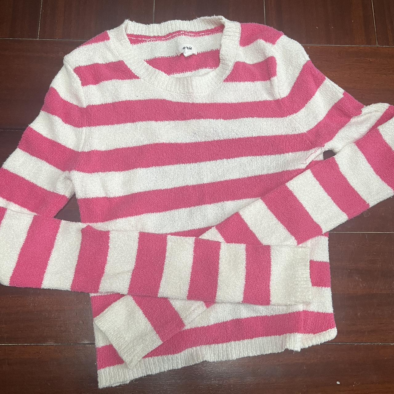 Pink and White Striped Arie Sweater with Open... - Depop