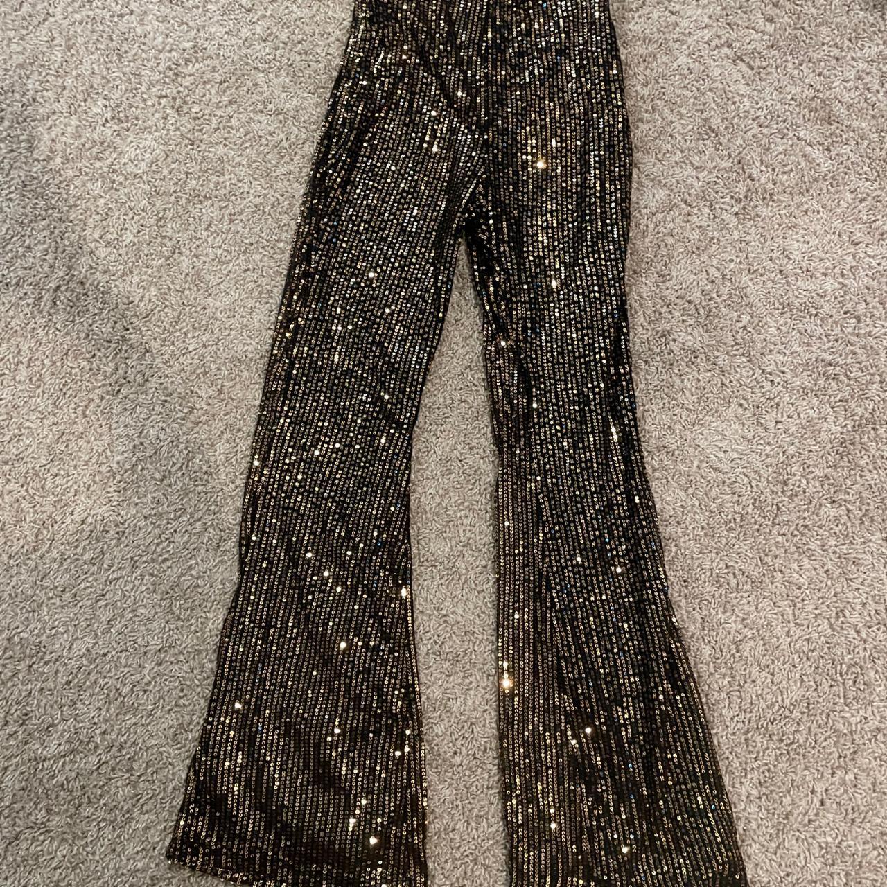 High Waist, Wide Leg, Gold Sequin, Loose Flare Bell... - Depop