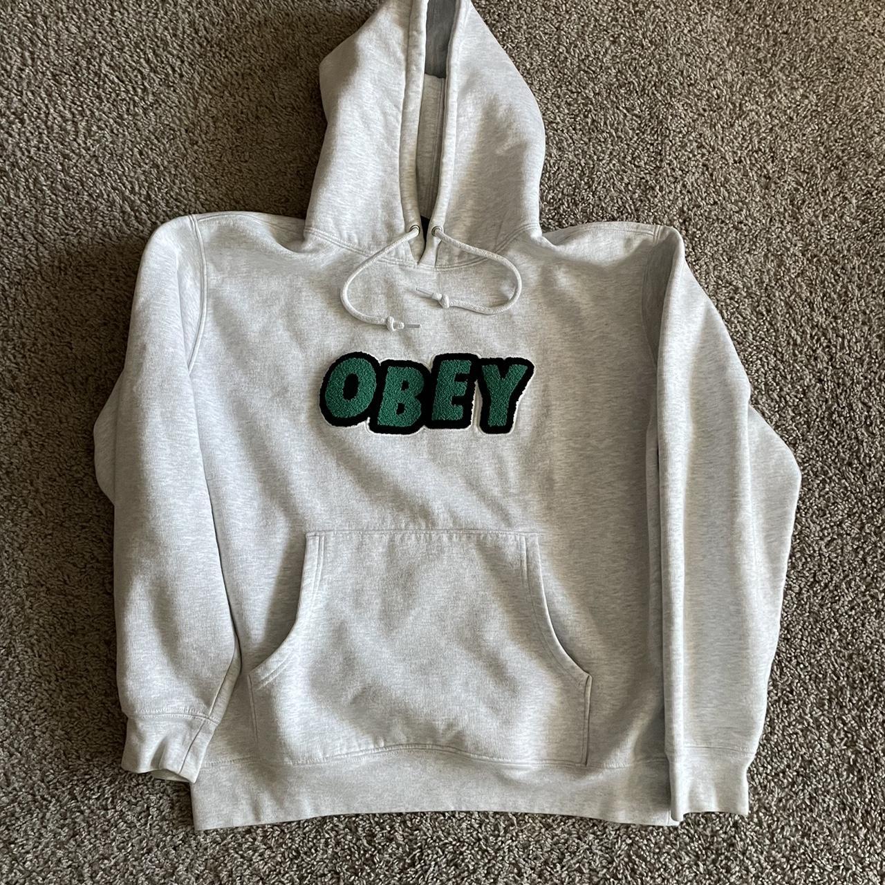 Obey Men's Grey and Green Hoodie