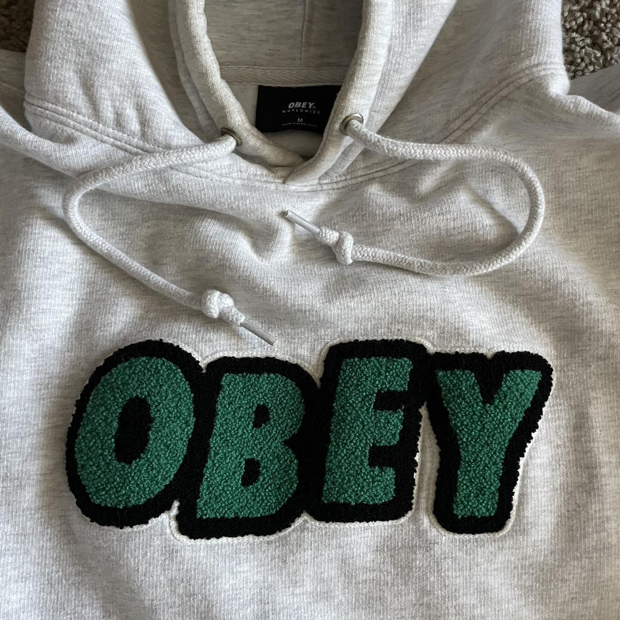 Obey Men's Grey and Green Hoodie (2)