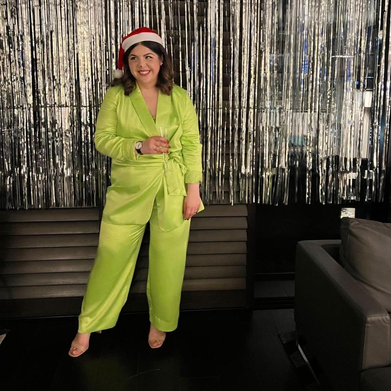 Selling this silky bright green satin suit set Depop