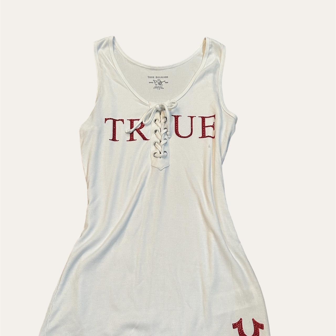 True Religion Women's White and Red Vest | Depop