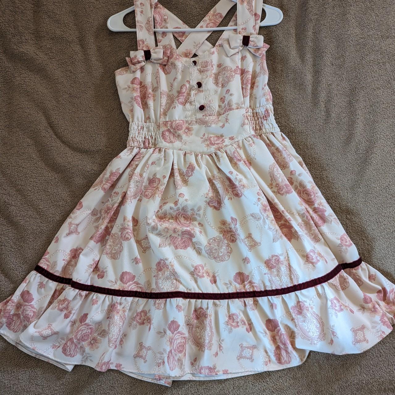 Pink and white dress with cute floral and cameo... - Depop